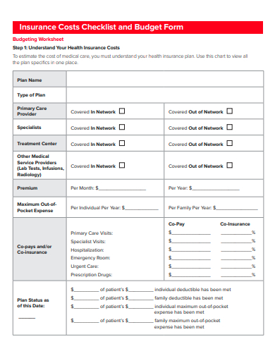 budget form insurance costs checklist template