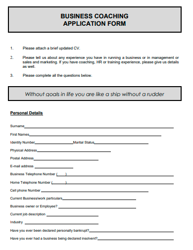 business coaching application form template