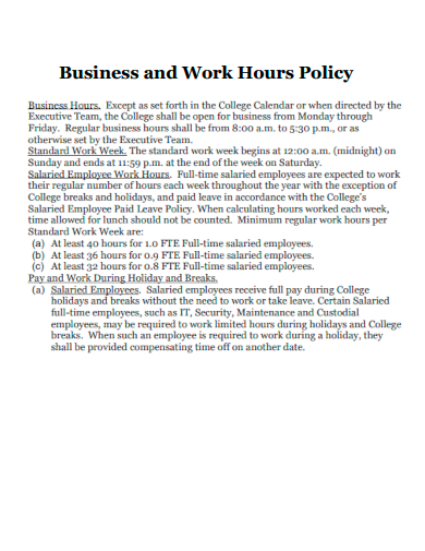 business and work hours policy