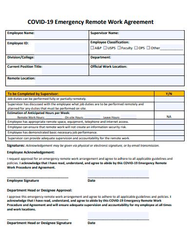 covid 19 emergency remote work agreement template