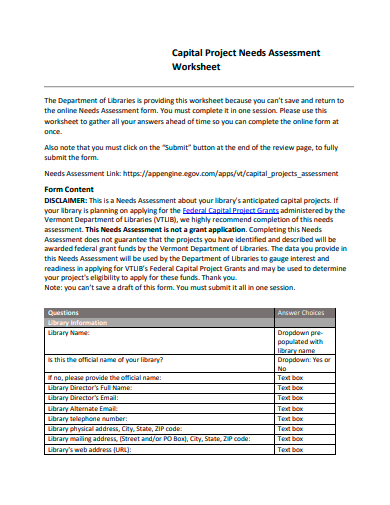 capital project needs assessment worksheet template