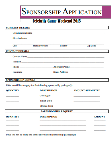 celebrity game weekend sponsorship application template
