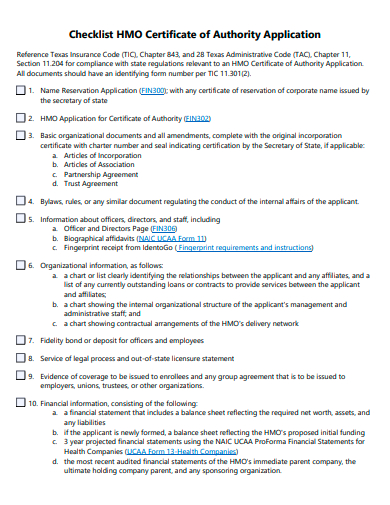 certificate of authority application checklist template