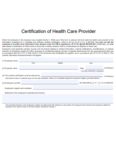 certification of health care provider