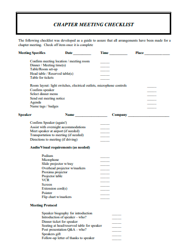 chapter meeting checklist template