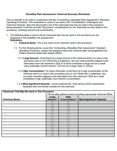 chemical summary worksheet template