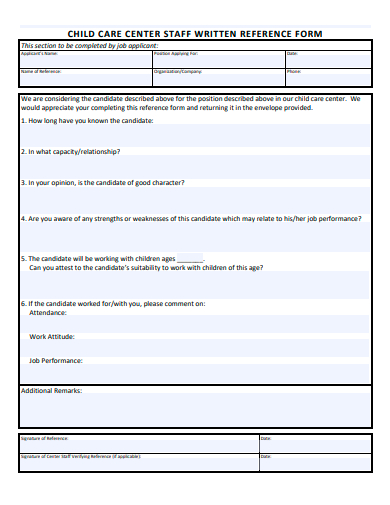 child care staff written reference form template