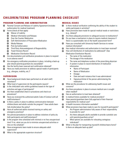 children planning checklist template