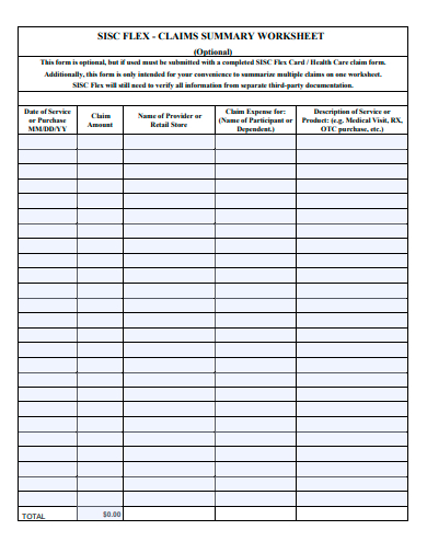 claims summary worksheet template