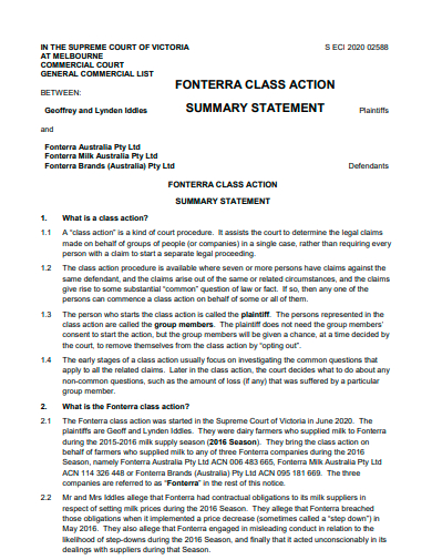 class action summary statement template