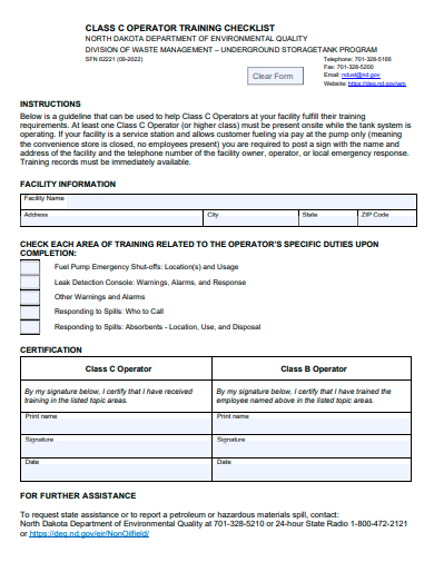 class operator training checklist template