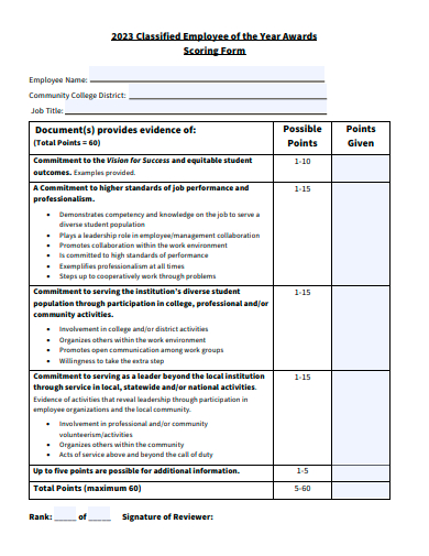 classified employee of the year awards scoring form template