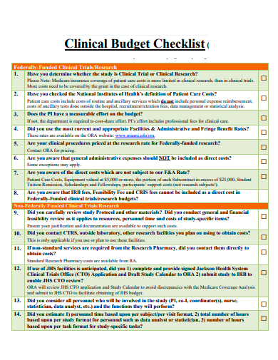 clinical budget checklist template