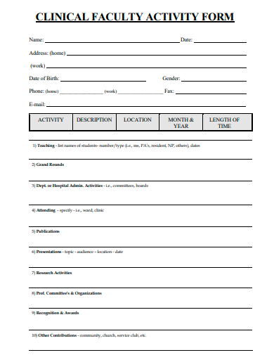 clinical faculty activity form template