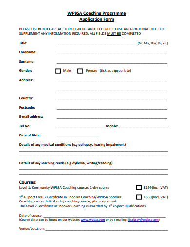 coaching programme application form template
