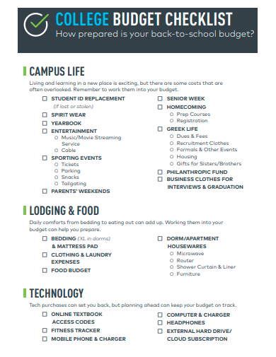 college budget checklist template