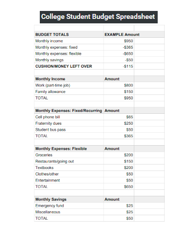college student budget spreadsheet