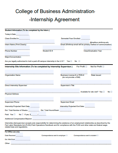 college of business administration internship agreement template