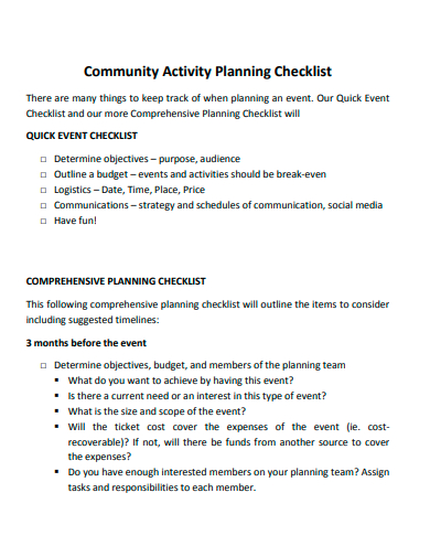 community activity planning checklist template