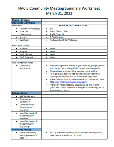 community meeting summary worksheet template
