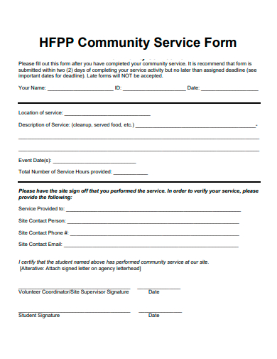 community service form template