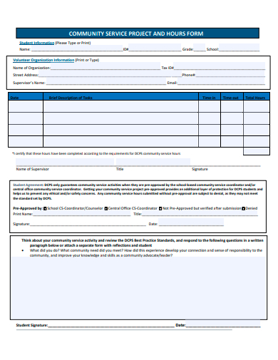 community service project and hours form template