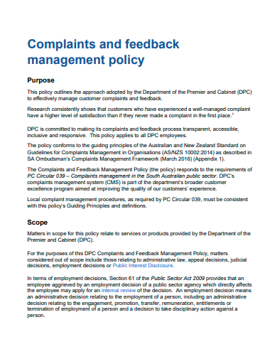 complaints and feedback management policy template