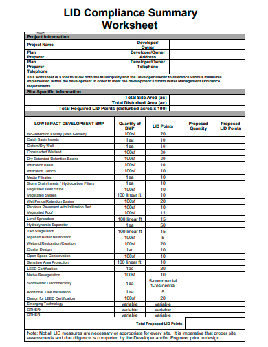 compliance summary worksheet template