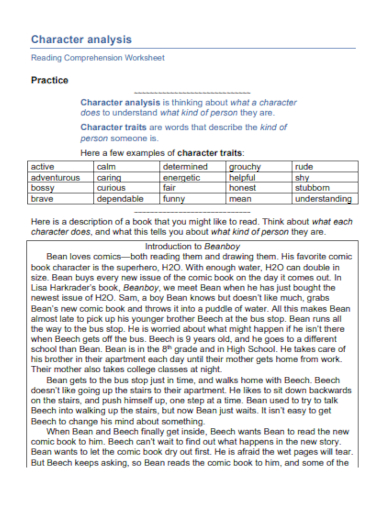 comprehension character profile analysis worksheet
