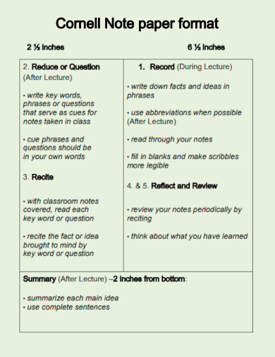 cornell note paper format