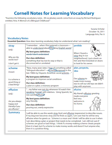 cornell notes for learning vocabulary