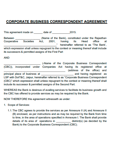 corporate business correspondent agreement template
