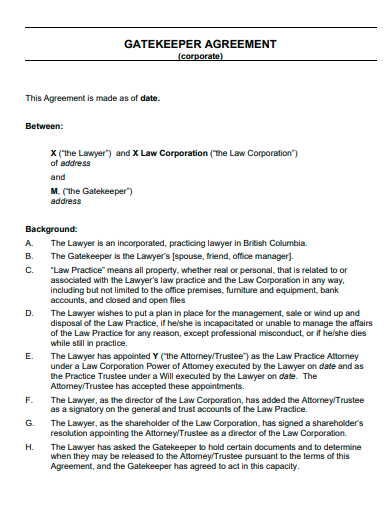 corporate gatekeeper agreement template