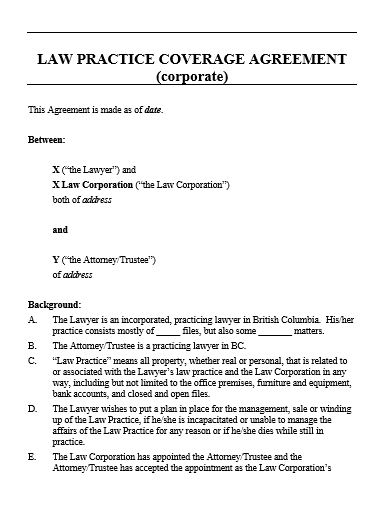 corporate law practice coverage agreement template