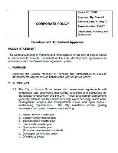 corporate policy development agreement approval template