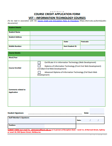 course credit application form template