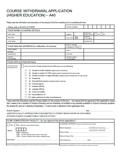 course withdrawal application template