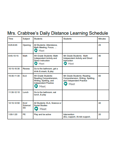 daily distance learning schedule template