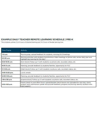daily teacher remote learning schedule template