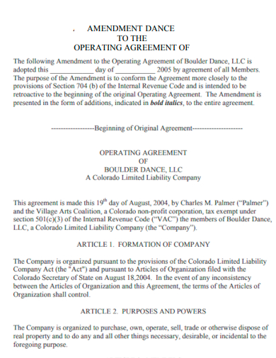 dance amendment to operating agreement