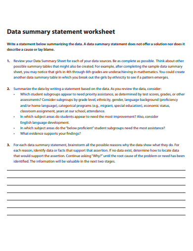 data summary statement worksheet template