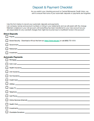 deposit and payment checklist template
