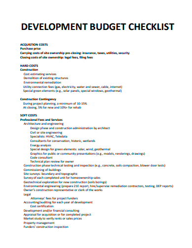 development budget checklist template