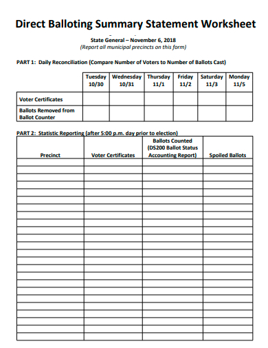 direct balloting summary statement worksheet template
