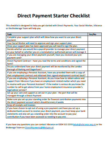 direct payment starter checklist template