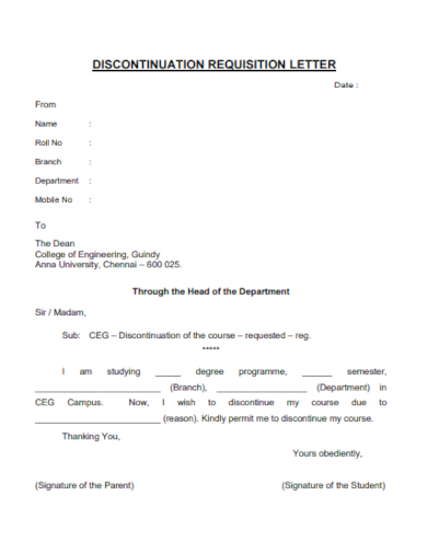 discontinuation requisition letter format