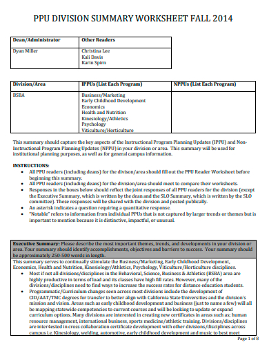 division summary worksheet template