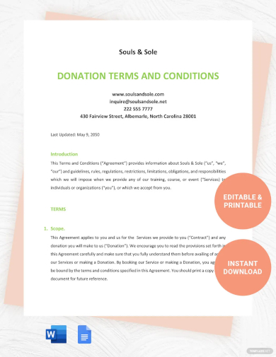donation terms and conditions template