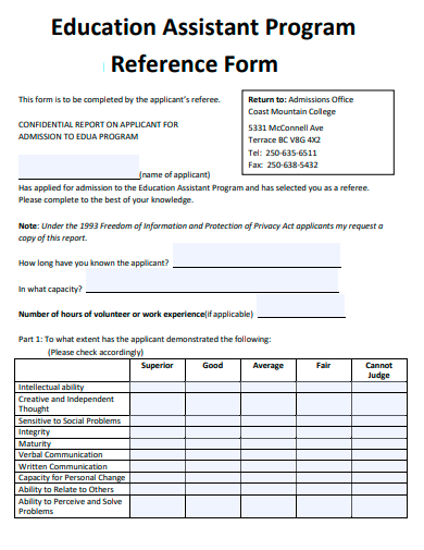 education assistant program reference form template