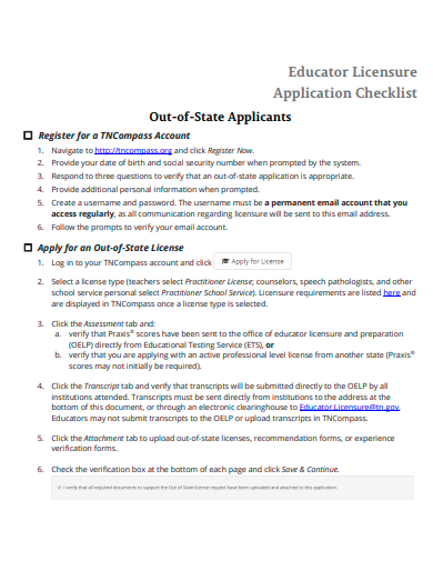 educator licensure application checklist template